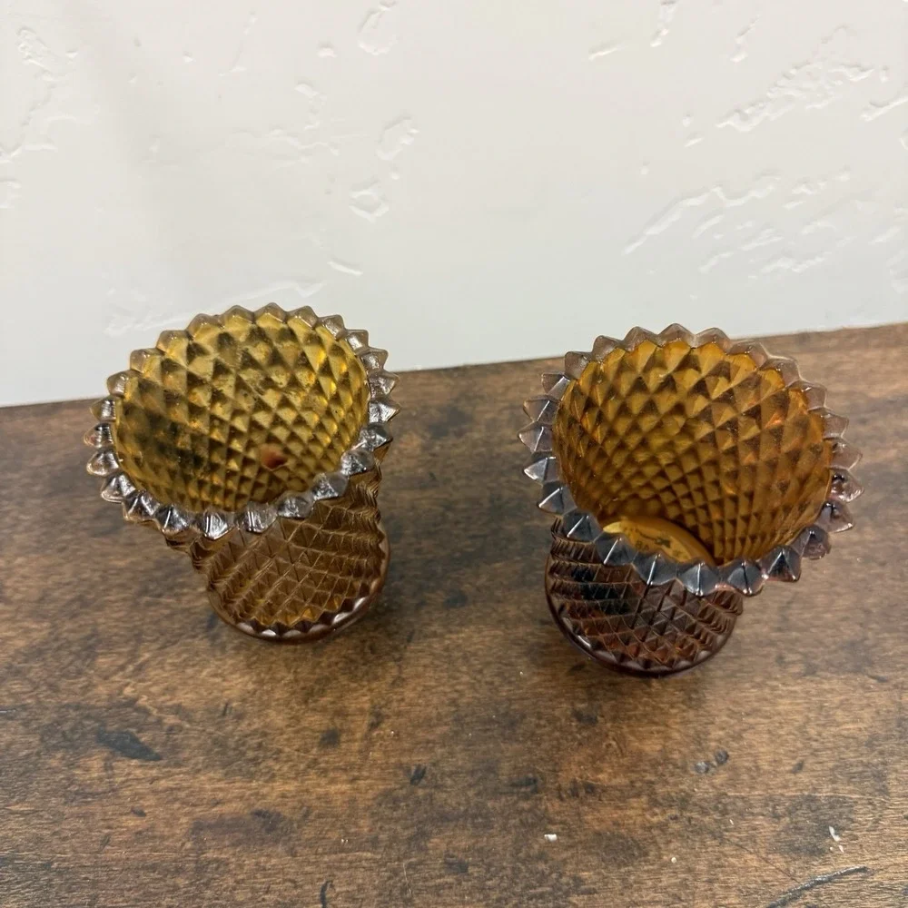 Pair Vintage Amber Glass Diamond‎ Peg Votive Cup Candle Holders Sconces